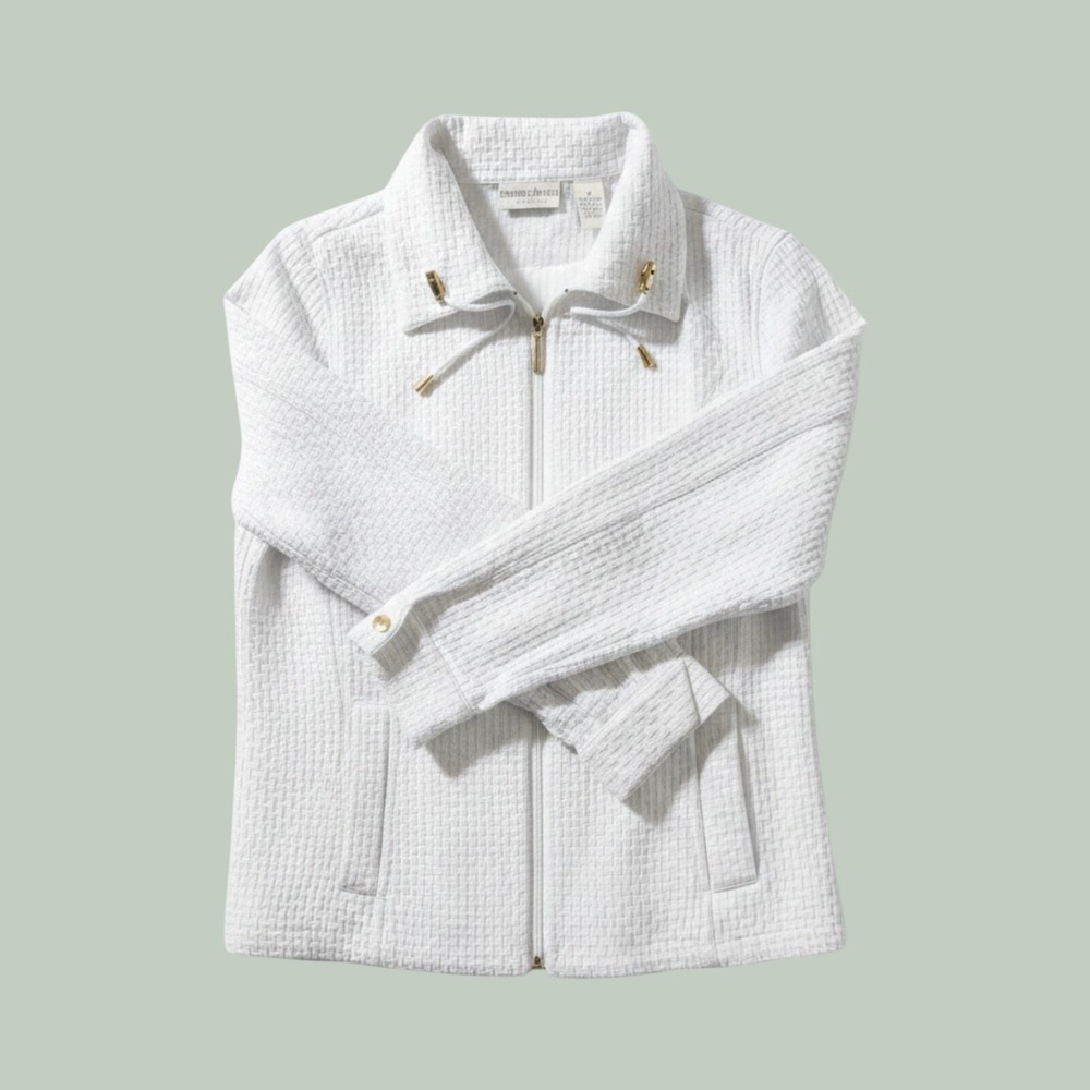 Drapers & Damons White Textured Basketweave Zip Jacket Petites PS Gold Hardware